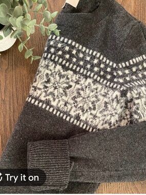 LOFT Charcoal Gray Crewneck Sweater with Cream Fair Isle Yoke
